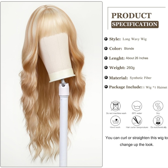 Long Curly Blonde Wigs With Bangs 24 inches - Picture 2 of 5
